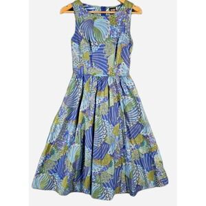 Retrolicious Dress Small Peacock Print Swing Fit Flare Blue Gold Purple Pin Up S